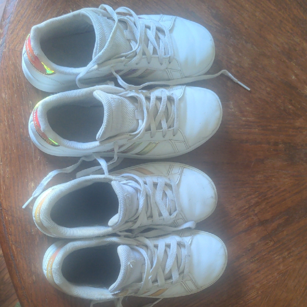 Adidas Big Kids White Sneakers with Colorful Stripes, 2 Pair Sz 3 & 4